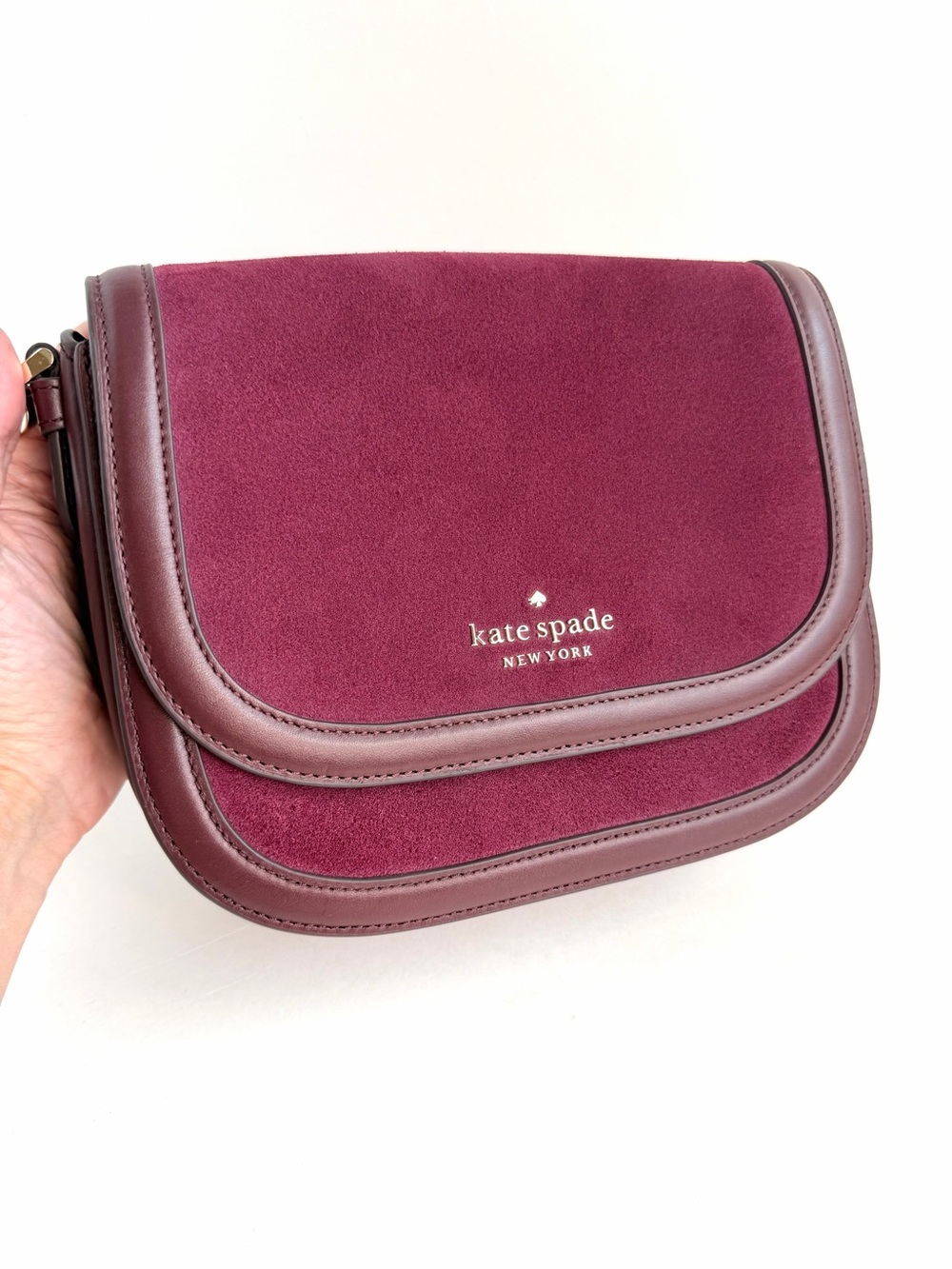 Kate Spade New York Suede and Leather Retro Crossbody Saddle Bag Burgundy Plum
